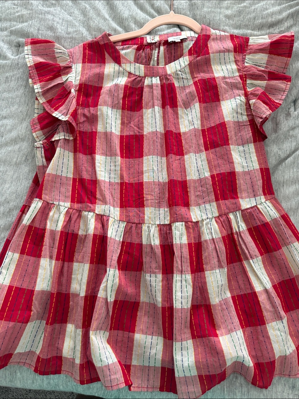 Red Plaid Ruffle Sleeve Blouse